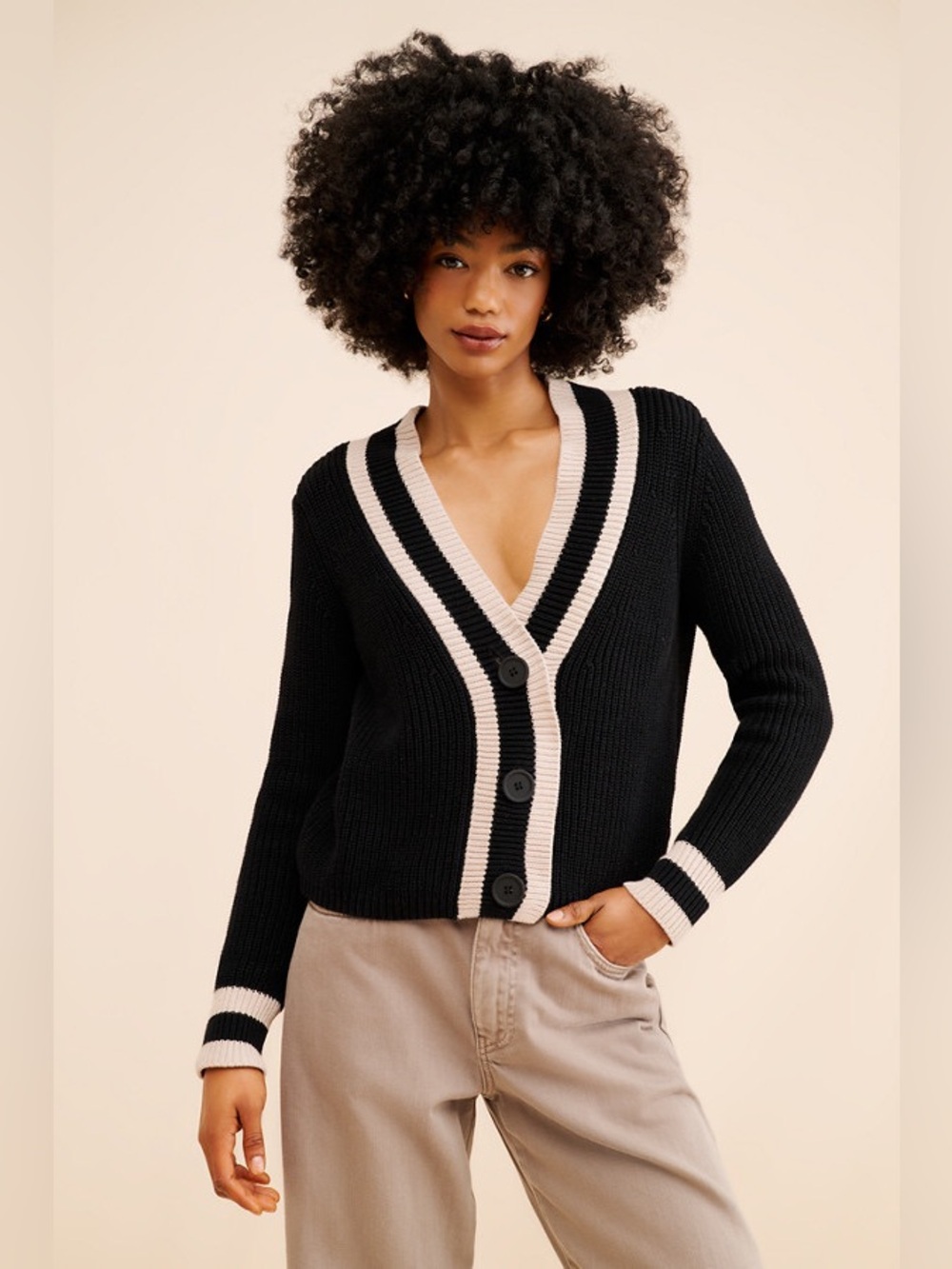 525 America Black Cream Sporty Varsity Preppy Striped Cardigan in Size Large